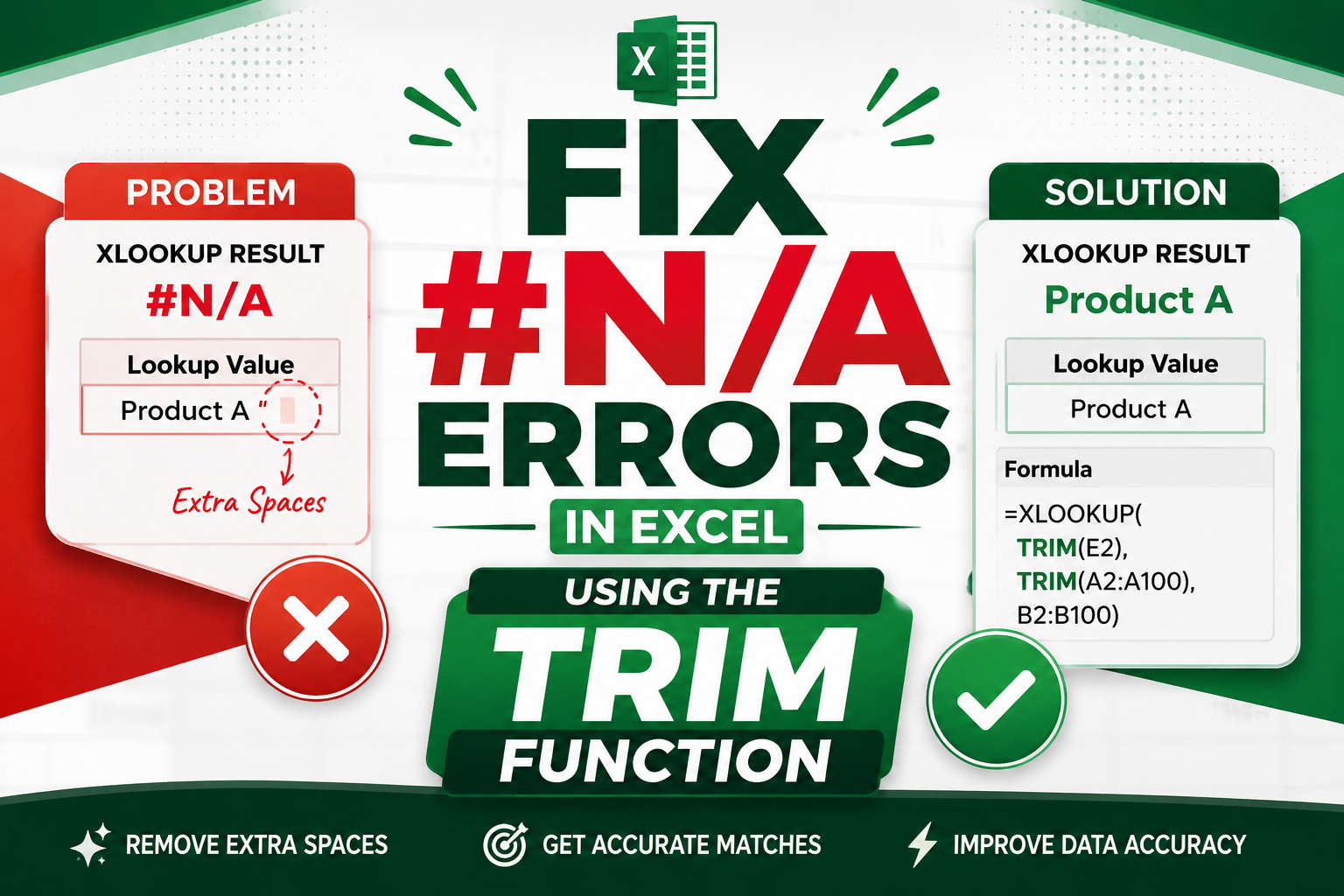 Fix XLOOKUP #N/A Errors with TRIM in Excel